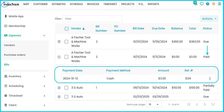 The payment details of a paid bill