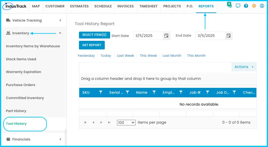 A Tool History report with check-out, check-in and signature