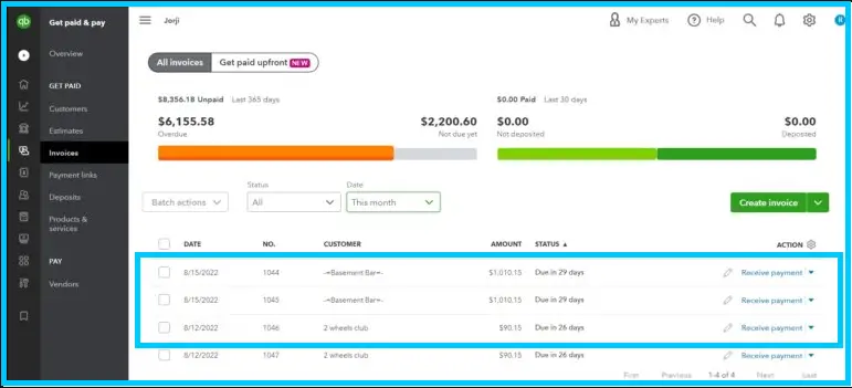 The synced invoices in QuickBooks Online