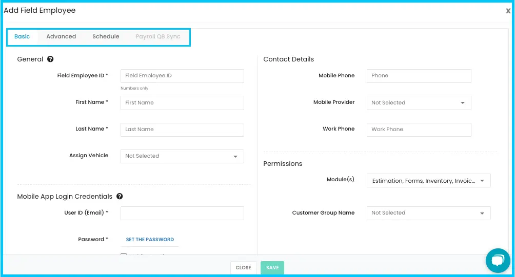 The four sections of the Add/Edit Field Employee page: Basic, Advanced, Schedule and Payroll QB Sync