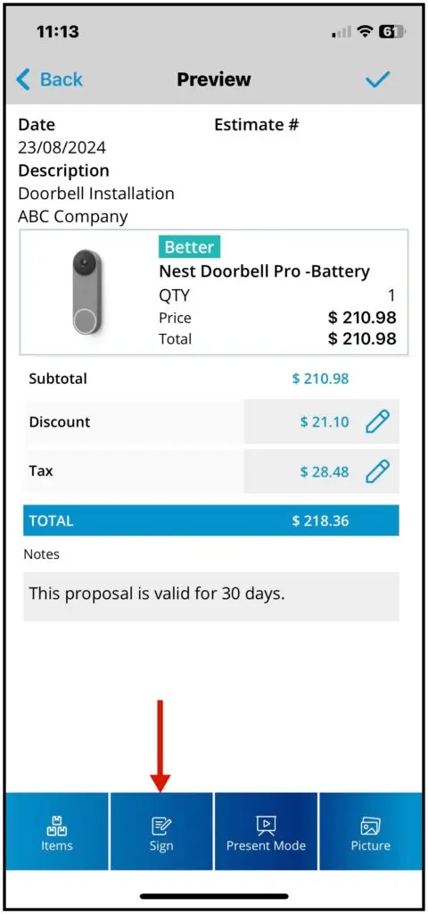 The Sign button on the estimate