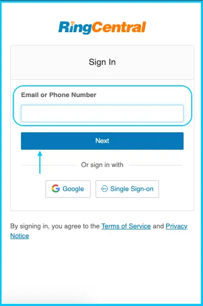 The RingCentral login window
