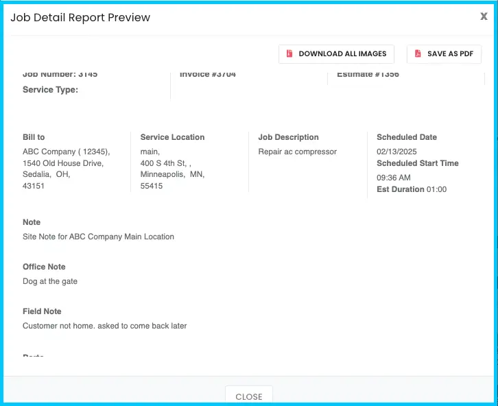 The job report opened from an estimate