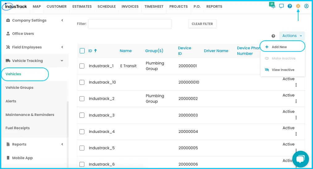 The Vehicles page with the Actions menu open and + Add New showing
