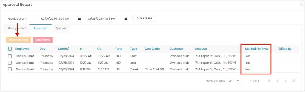 Entries marked Ready to Sync