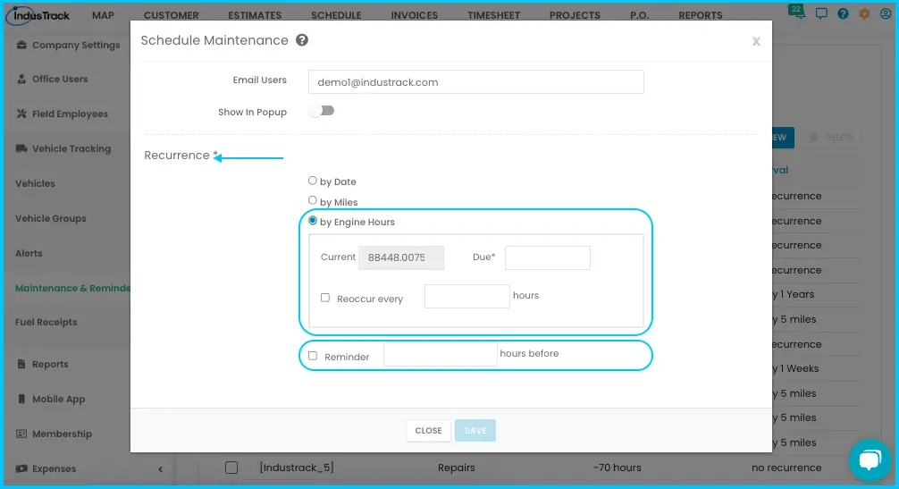 Scheduling a service By Engine Hours, with Recur Every and Reminder