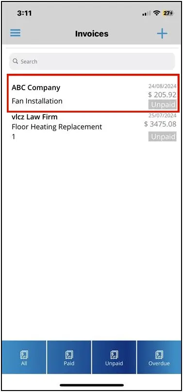A saved invoice in the invoice list