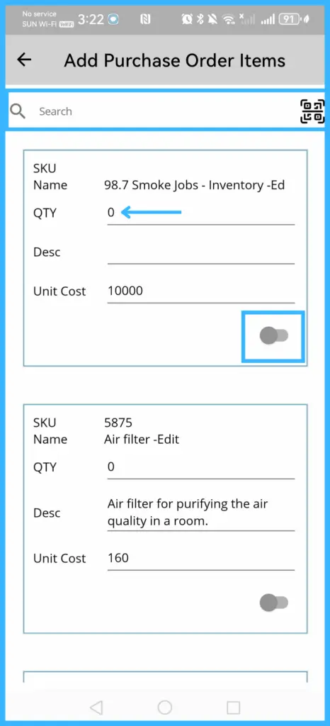 Searching inventory items, setting the quantity and turning on the toggle