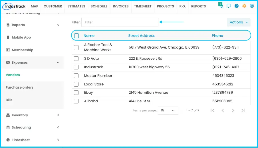 Searching and sorting the Vendors list