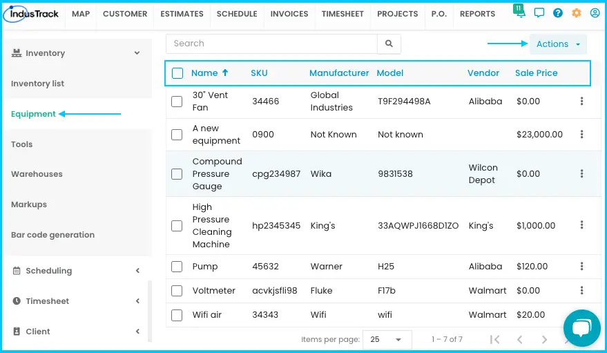 The Equipment list with name, SKU, manufacturer, model, vendor and sale price