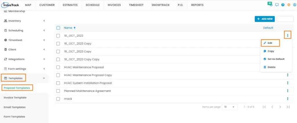 Proposal Templates, with the three-dot menu to edit an estimate template