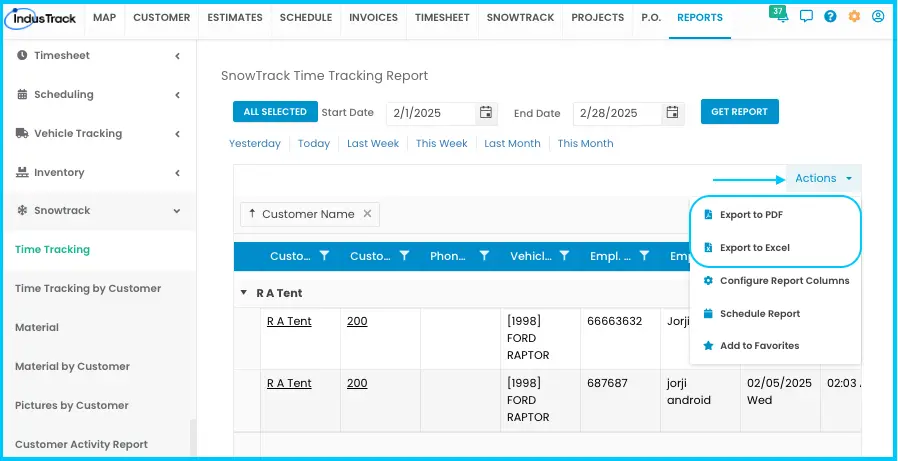 Export to Excel and Export to PDF under Actions