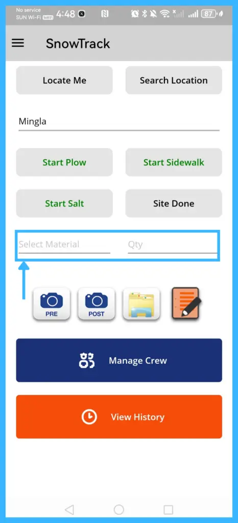 Select Material and the quantity used