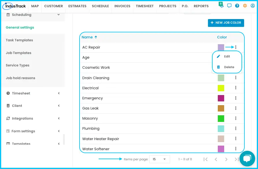 The job colors list with sorting and items-per-page options