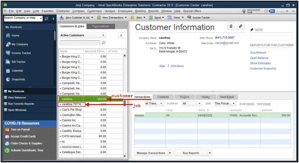 A customer with a job under it in QuickBooks