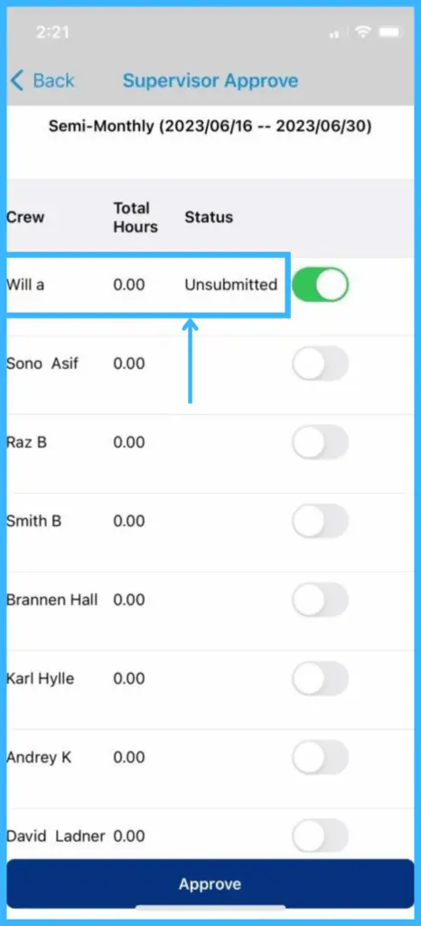 A crew member's individual timesheet