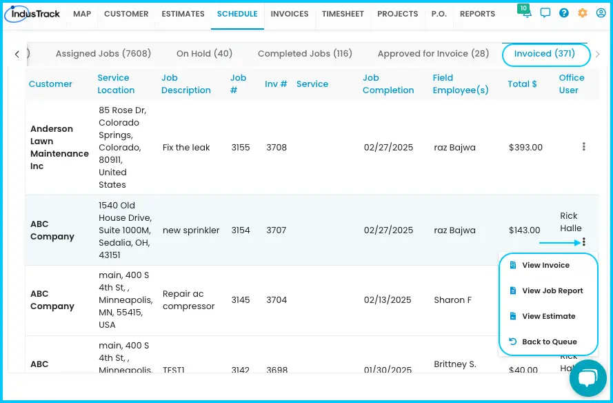 The Invoiced section and its three-dot menu