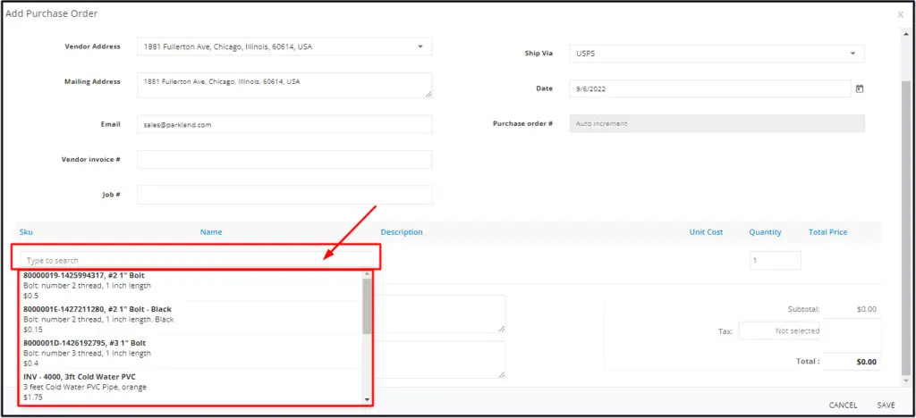 The item drop-down listing inventory and non-inventory items