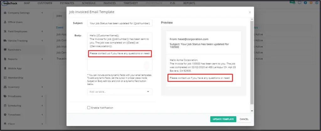 Editing the Body of a reminder email, with the Preview beside it