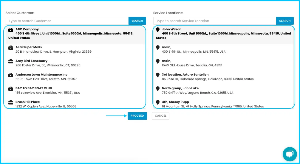 Choosing the customer and service location for a new project