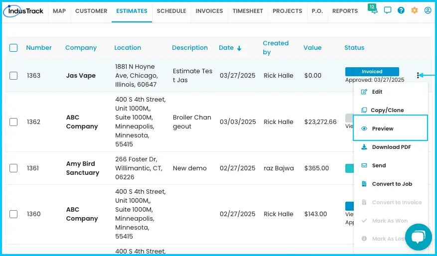 The estimate print preview page