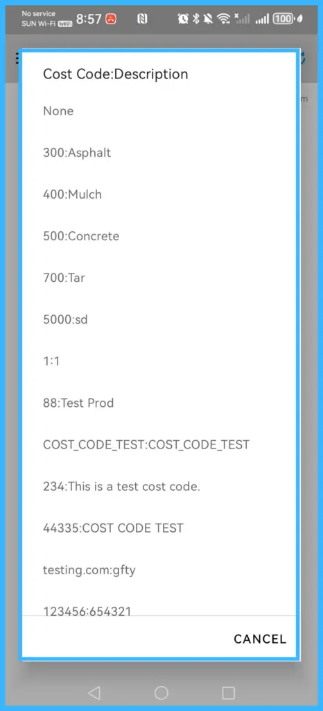 The cost code list