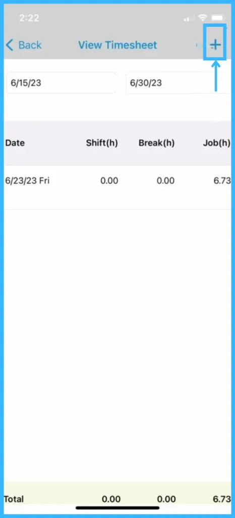 The + button and existing entries on a crew member's timesheet