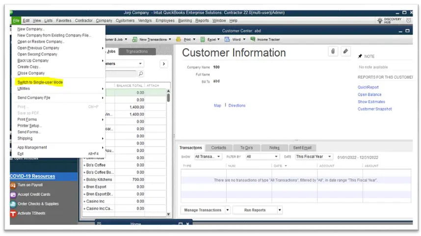 Switch to Single-user Mode in the QuickBooks File menu