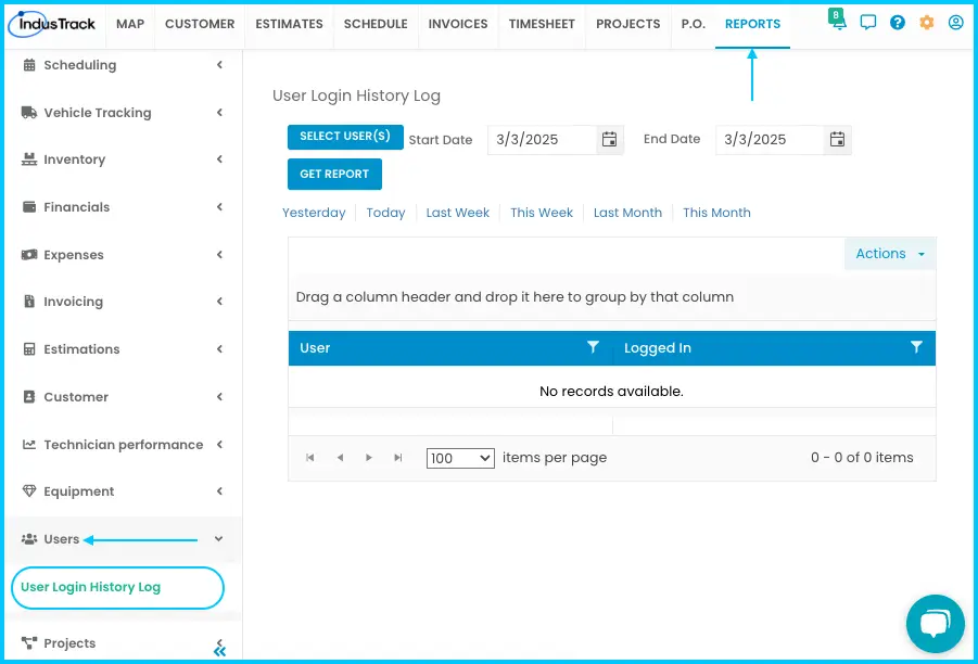 The User Login History Log under Reports > Users