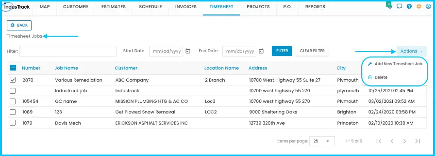 The Timesheet Jobs list