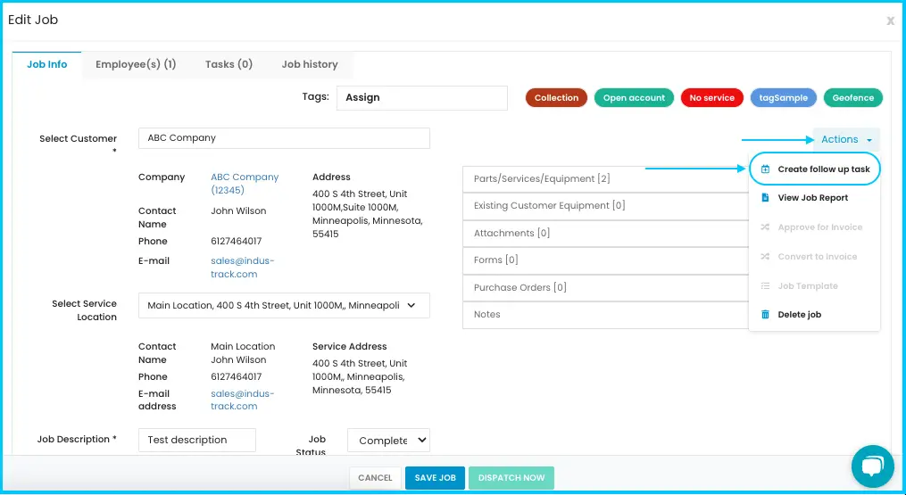 The follow-up task window linked to the job