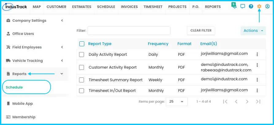The Report Schedule page under Settings > Reports > Schedule