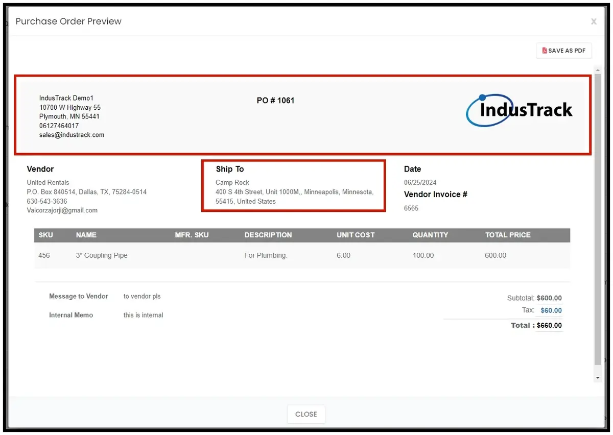 A purchase order preview with company info, logo and the customer name under Ship To