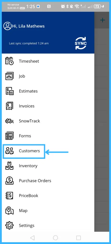 The app menu with Customers