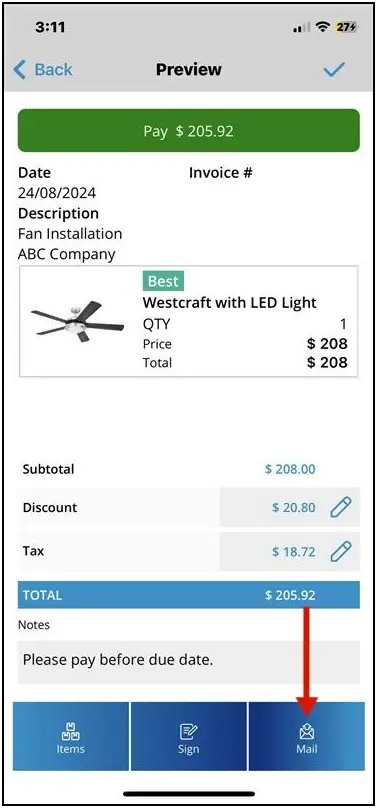 Emailing the invoice PDF with an editable message