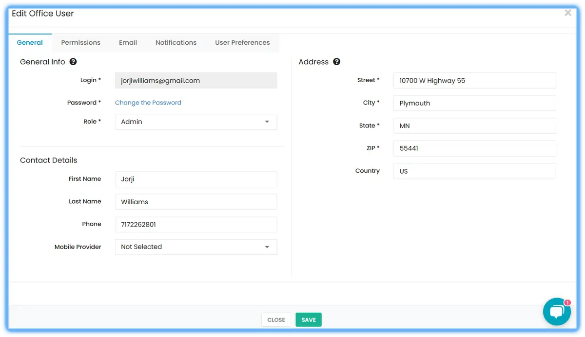 The General tab: login, password, role, address and contact details