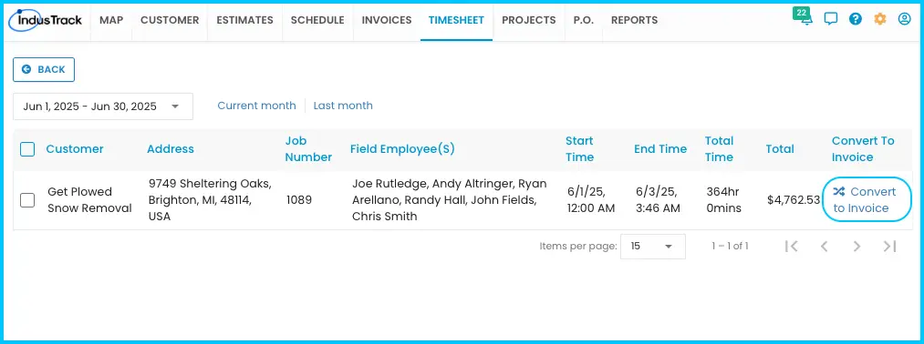 Completed timesheet jobs with Convert to Invoice