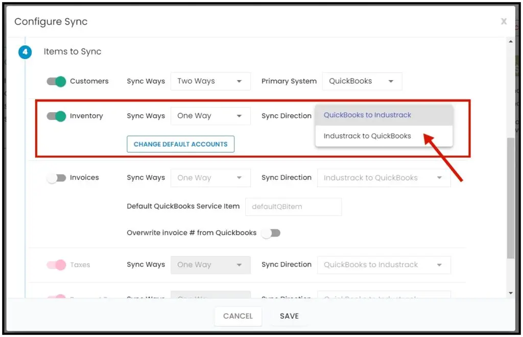 Inventory sync direction options