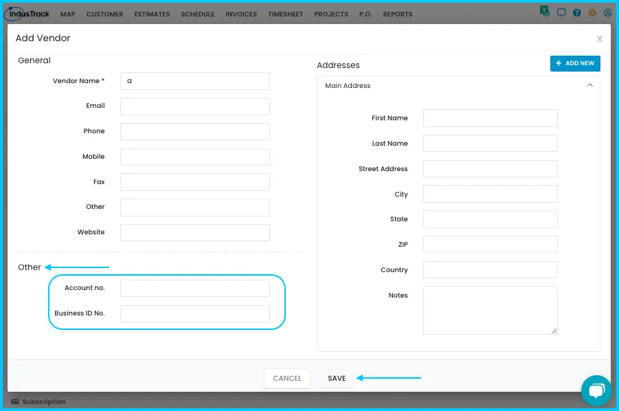The Account No. and Business ID No. fields and the Save button