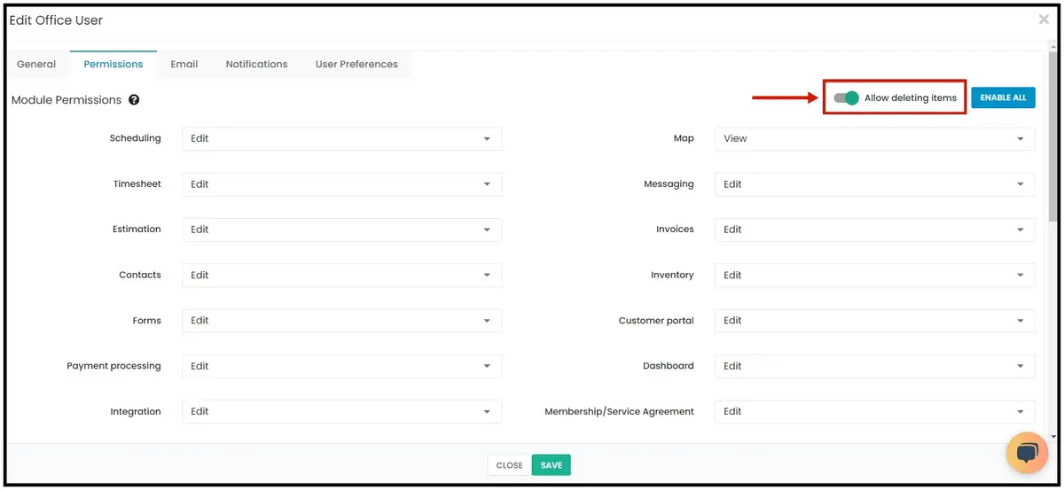 The setting that allows or blocks deleting items for a customized role