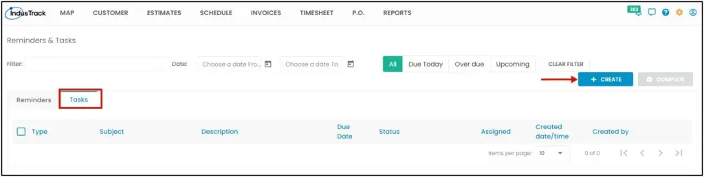 The Tasks tab under See All Reminders, with the Create button