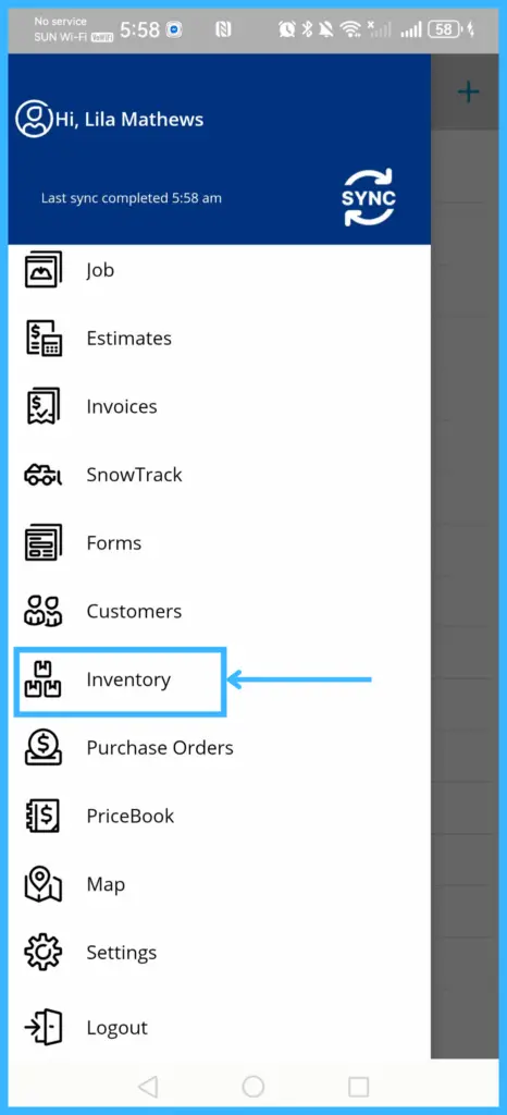 The app menu with Inventory
