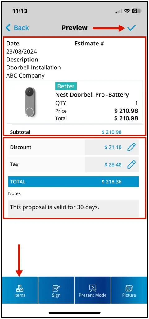 The preview screen with items, tax, discount and notes