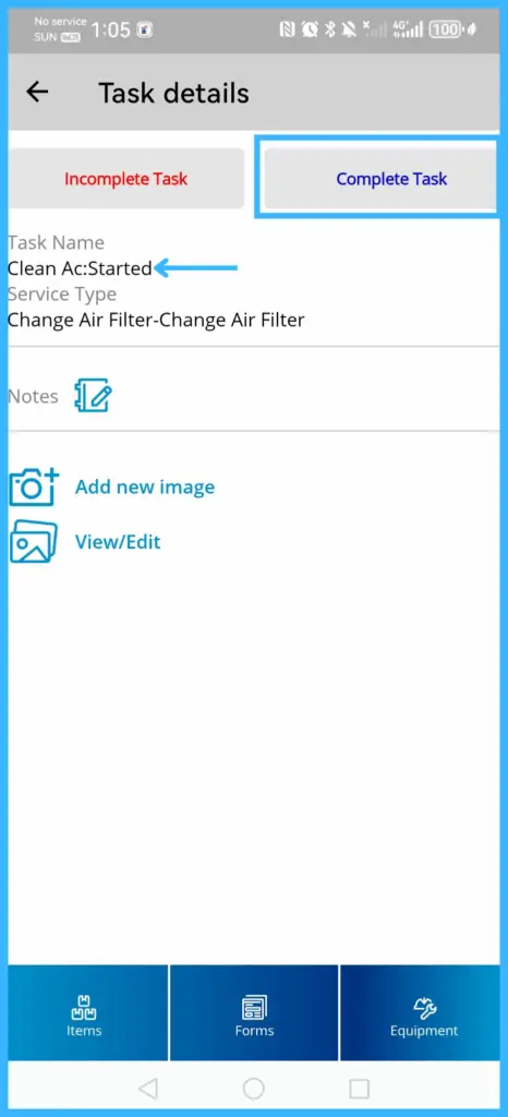 A started task with the Complete Task button