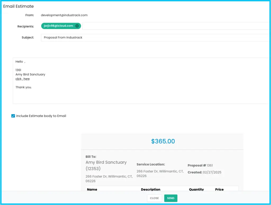 The Email Estimate window