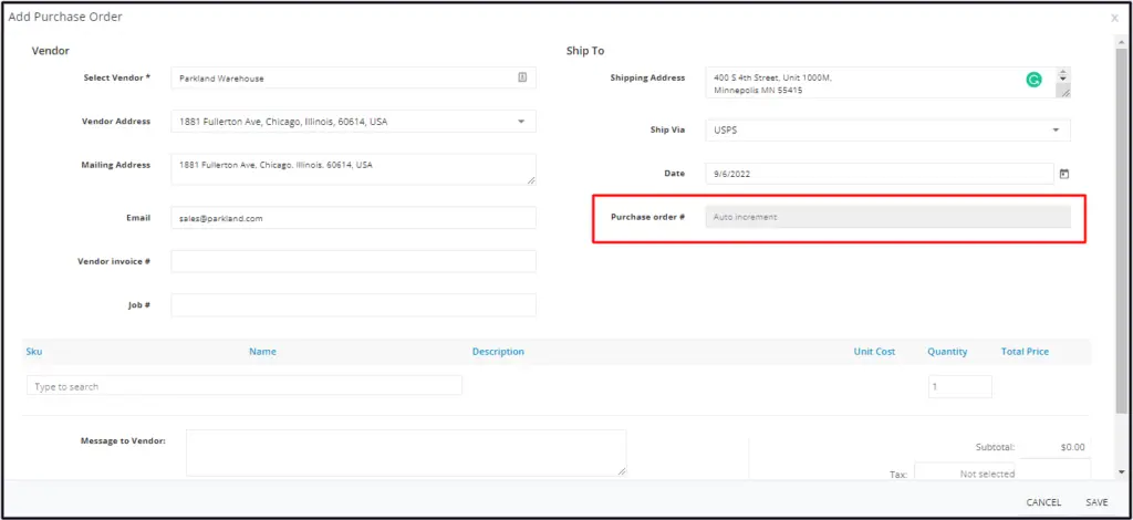 The Purchase Order # field greyed out when auto-increment is set up