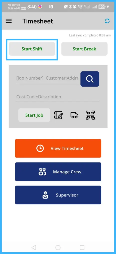 The Start Shift button on the Timesheet screen