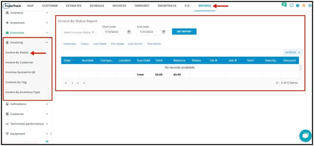 An Invoice By Status report with the standard invoice columns