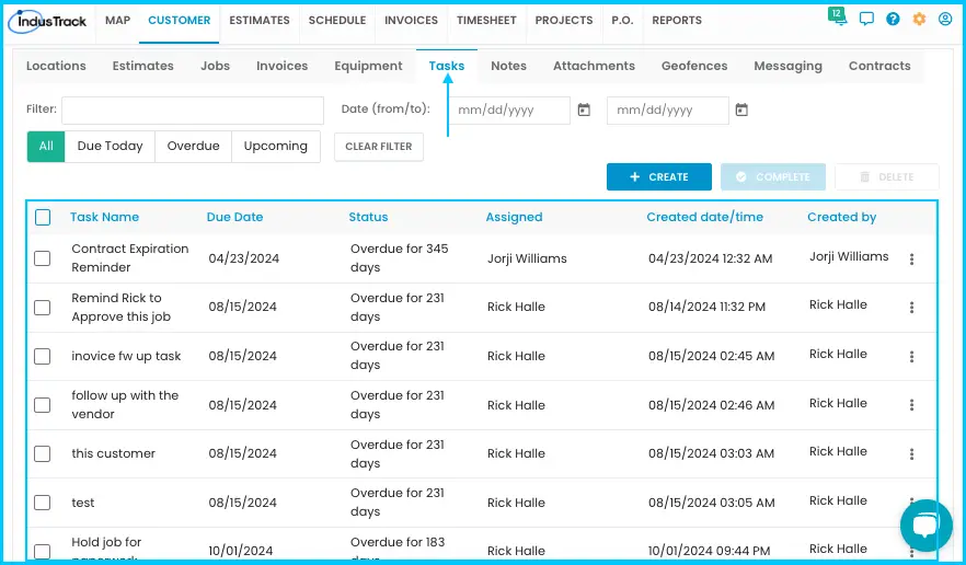 The Tasks tab on a customer profile
