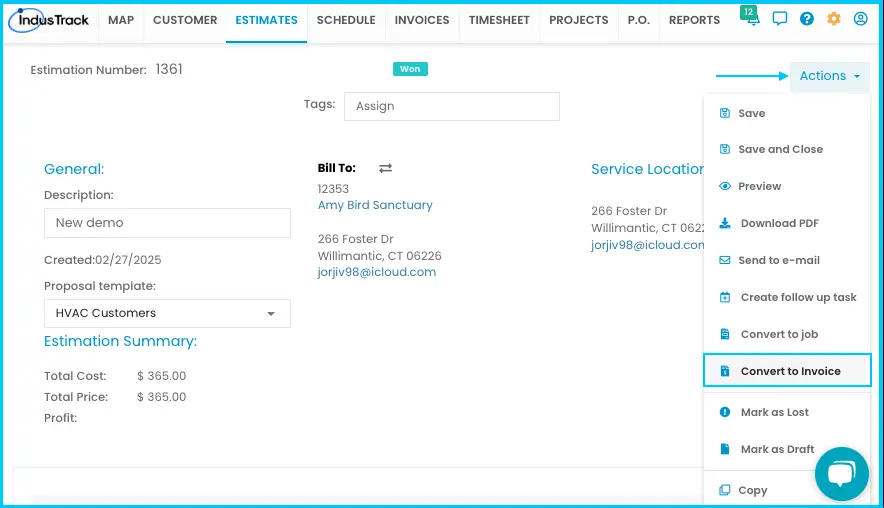 The Actions menu on an open estimate with Convert to Invoice